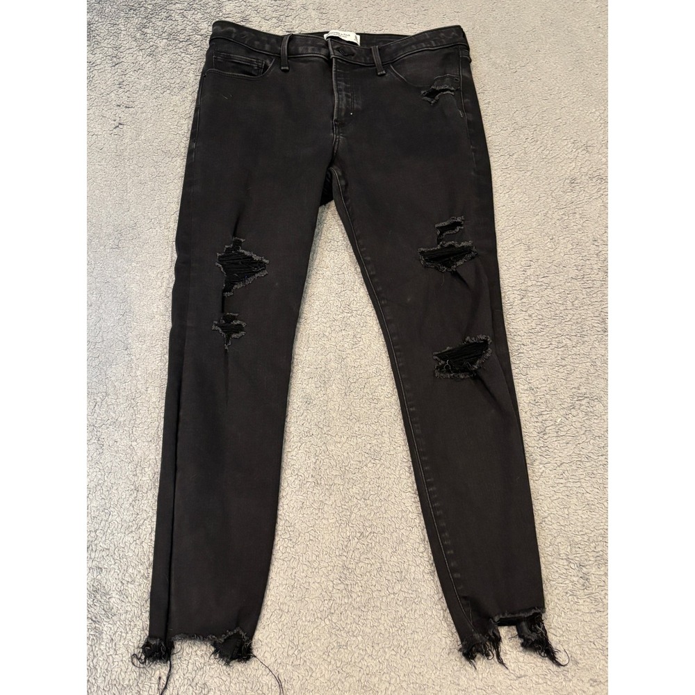 Abercrombie & Fitch Super Skinny Ankle Distressed Black Jeans Mid Rise 30 10R